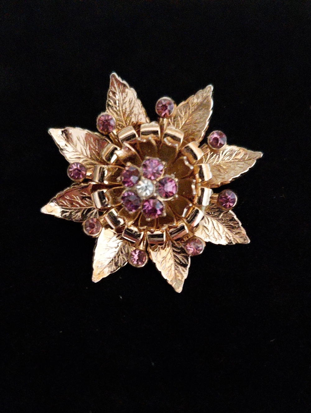 Vintage CORO Purple Rhinestone Flower Brooch Gold Tone Signed